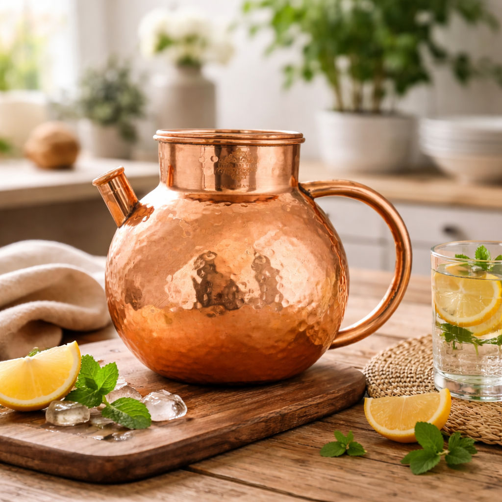 Pure copper hammered matka jug with spout, 1450 ML
